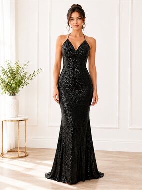 B. Darlin Black Sequin Open Back Mermaid Prom Gown Women’s Size 0